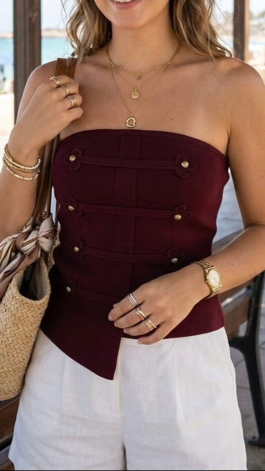 CRISSY - Bandeau Double Breasted Knitted Top Wine