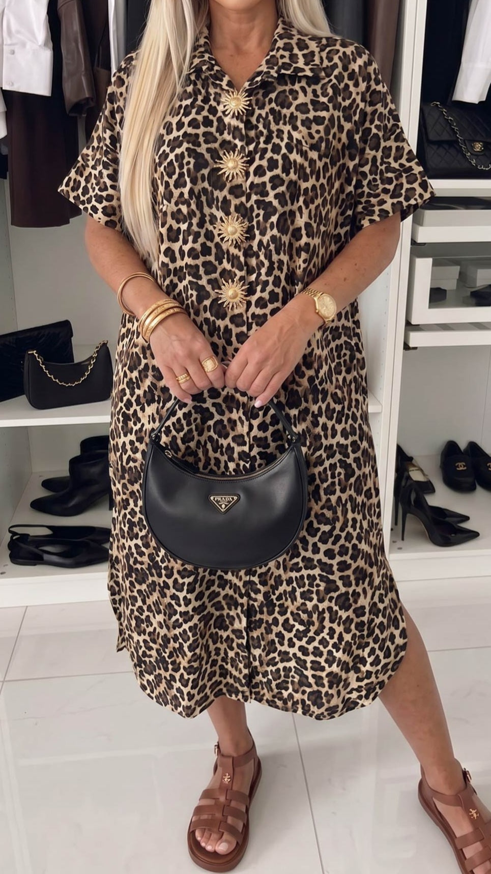 ELIANA - Leopard Print Gold Button Shirt Dress