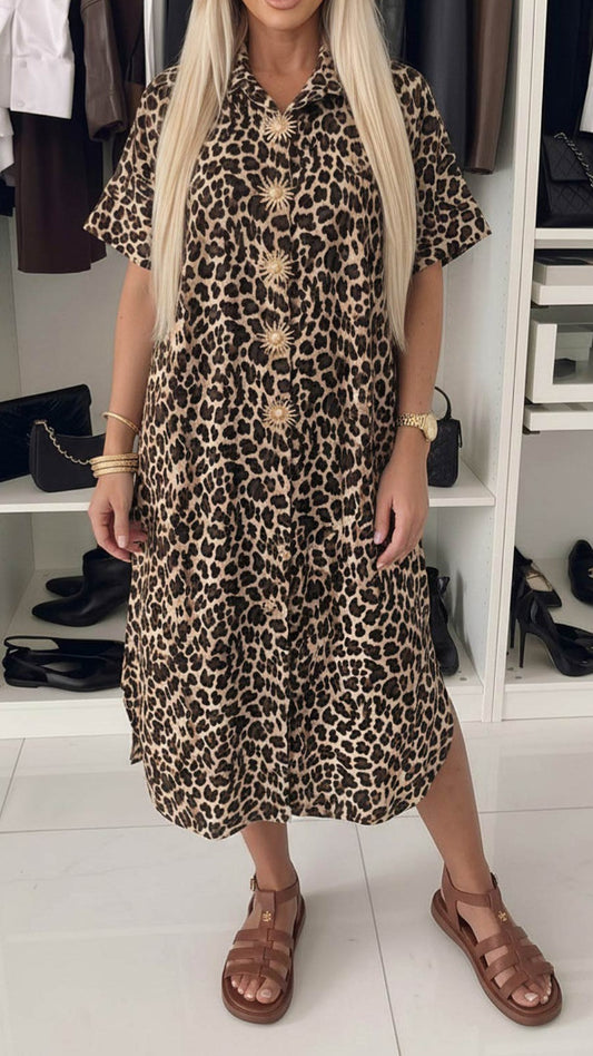 ELIANA - Leopard Print Gold Button Shirt Dress
