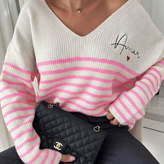 ALISA - Striped 'Amore' Knitted Sweater Top Pink