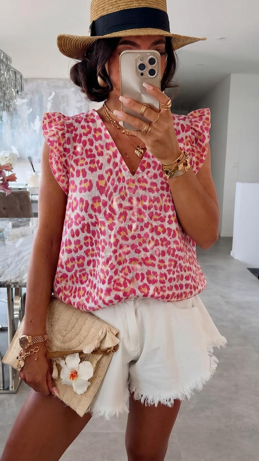 KENZA - Frill Sleeve Cotton Leopard Blouse
