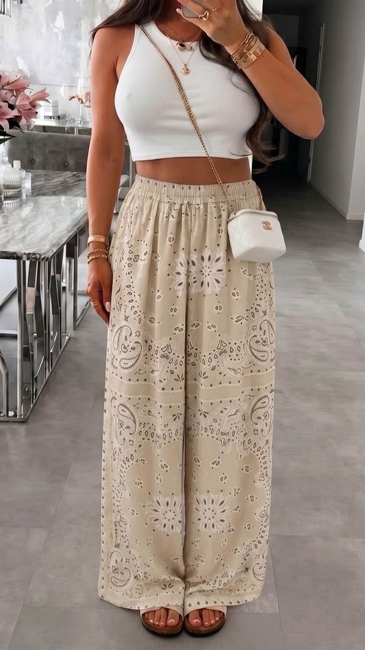 RHEA - Paisley Print Wide Leg Trouser Stone