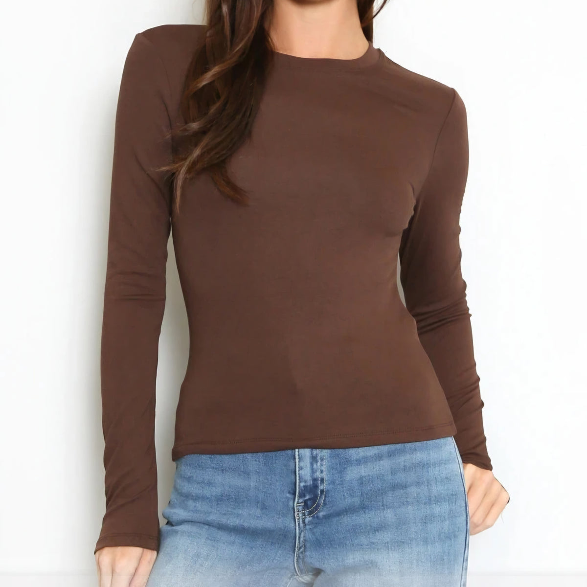 MAYA - Crew Neck Long Sleeve Top Brown
