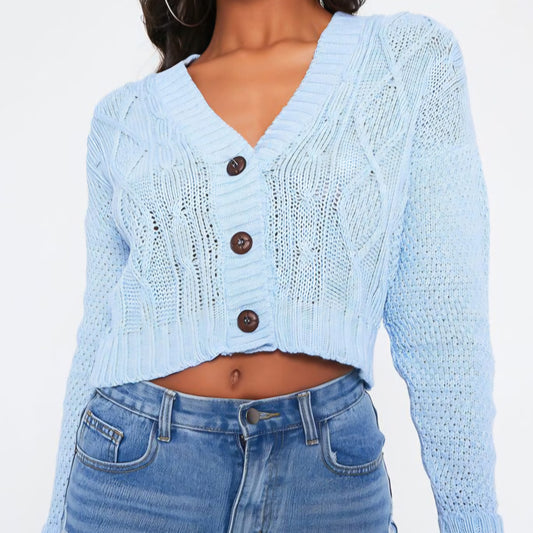 POLLY - Cable Knit Button Up Cardigan Blue