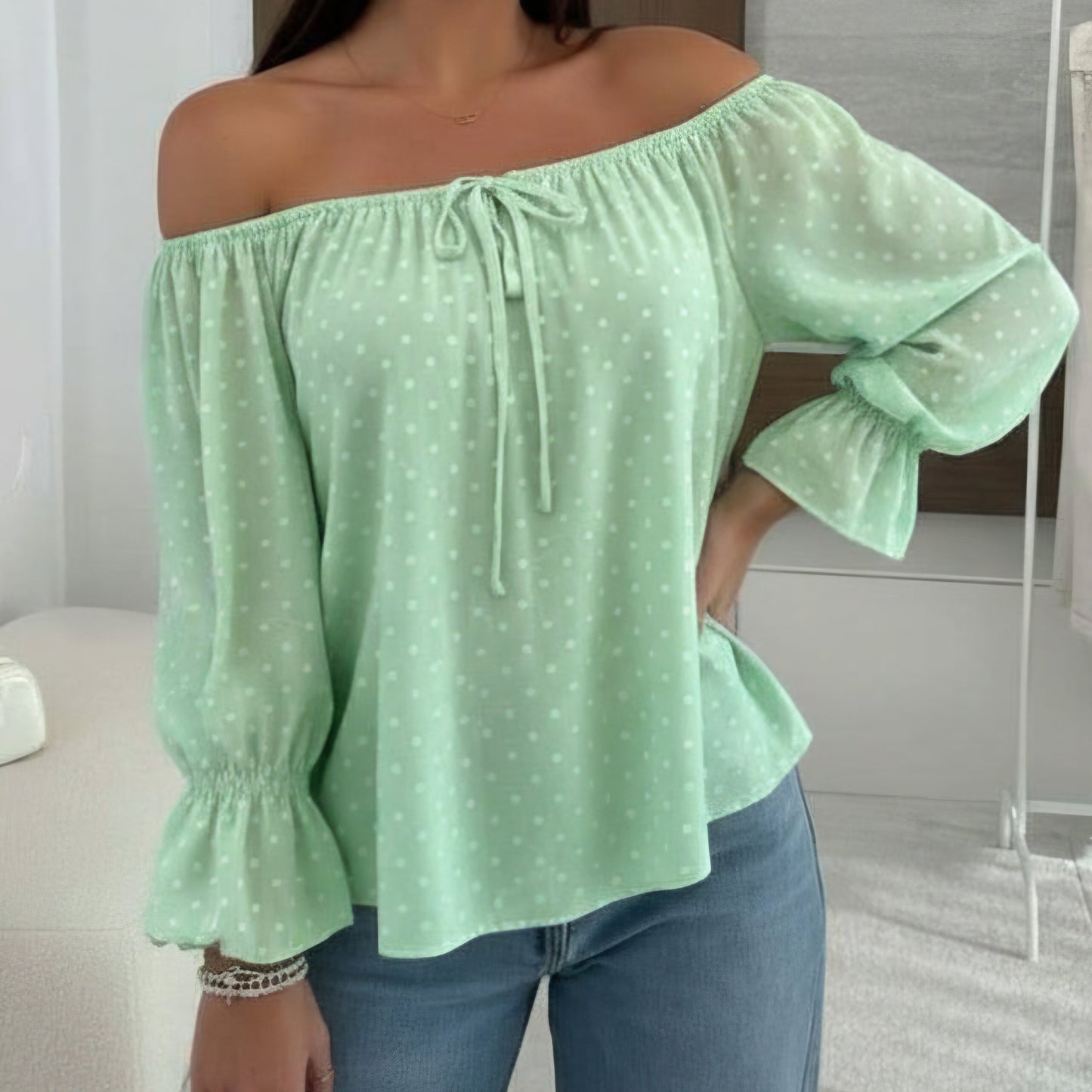 BECKY - Bardot Polka Dot Blouse Pastel Mint