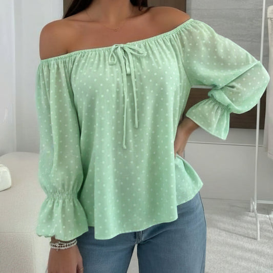 BECKY - Bardot Polka Dot Blouse Pastel Mint