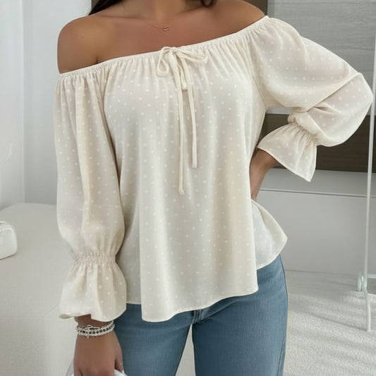 BECKY - Bardot Polka Dot Blouse Stone