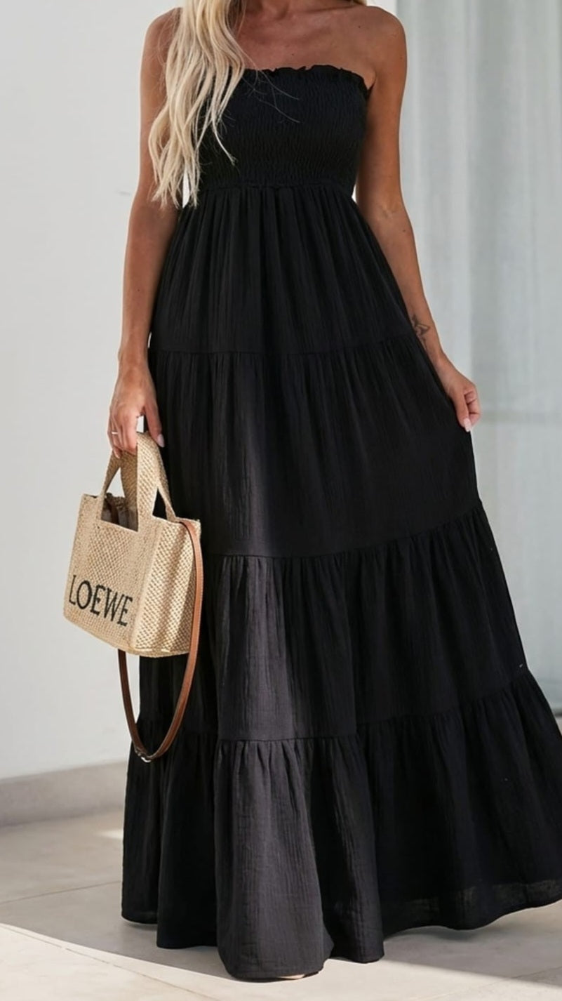 CASSIE - Shirred Bandeau Tiered Maxi Dress Black