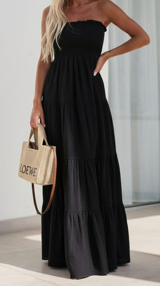 CASSIE - Shirred Bandeau Tiered Maxi Dress Black