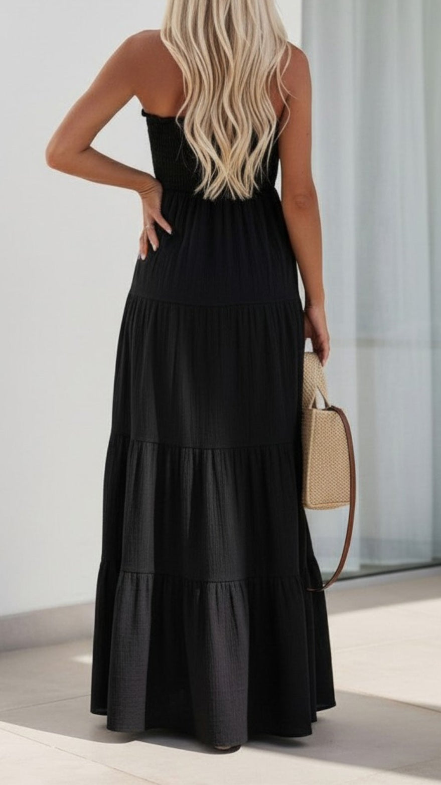 CASSIE - Shirred Bandeau Tiered Maxi Dress Black