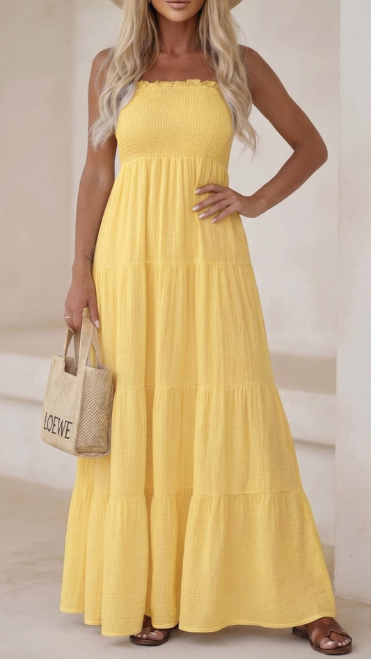 CASSIE - Shirred Bandeau Tiered Maxi Dress Yellow