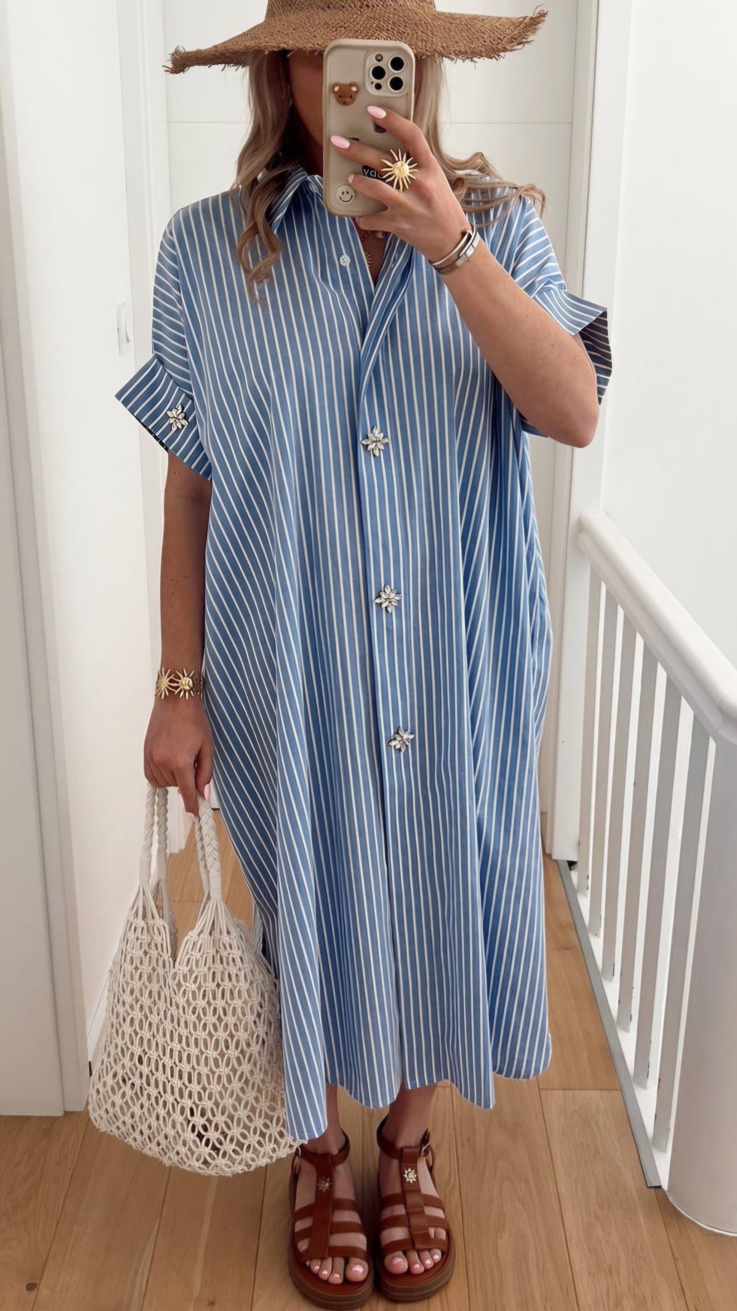 CELESTE - Striped Diamanté Oversized Cotton Midaxi Dress