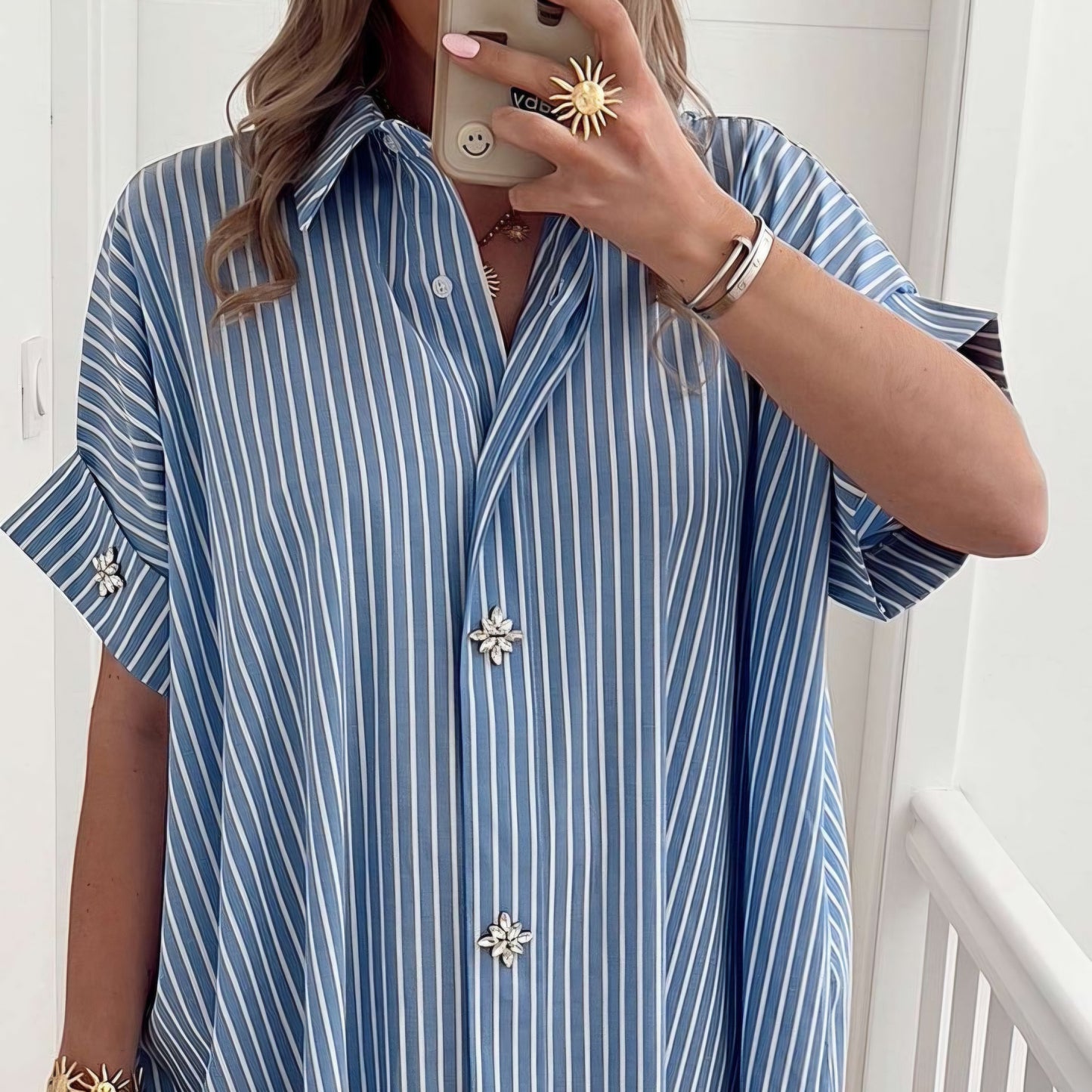 CELESTE - Striped Diamanté Oversized Cotton Midaxi Dress