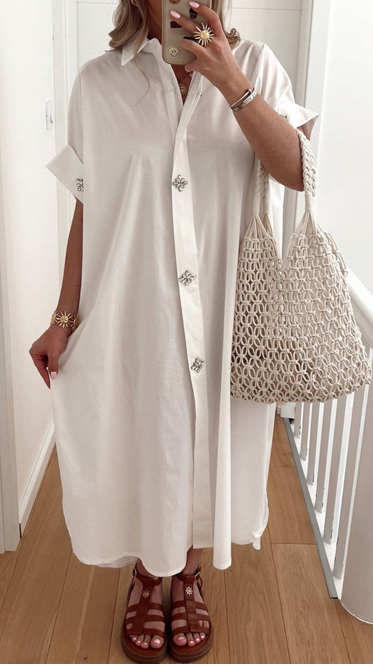 CELESTE - Striped Diamanté Oversized Cotton Midaxi Dress Ivory