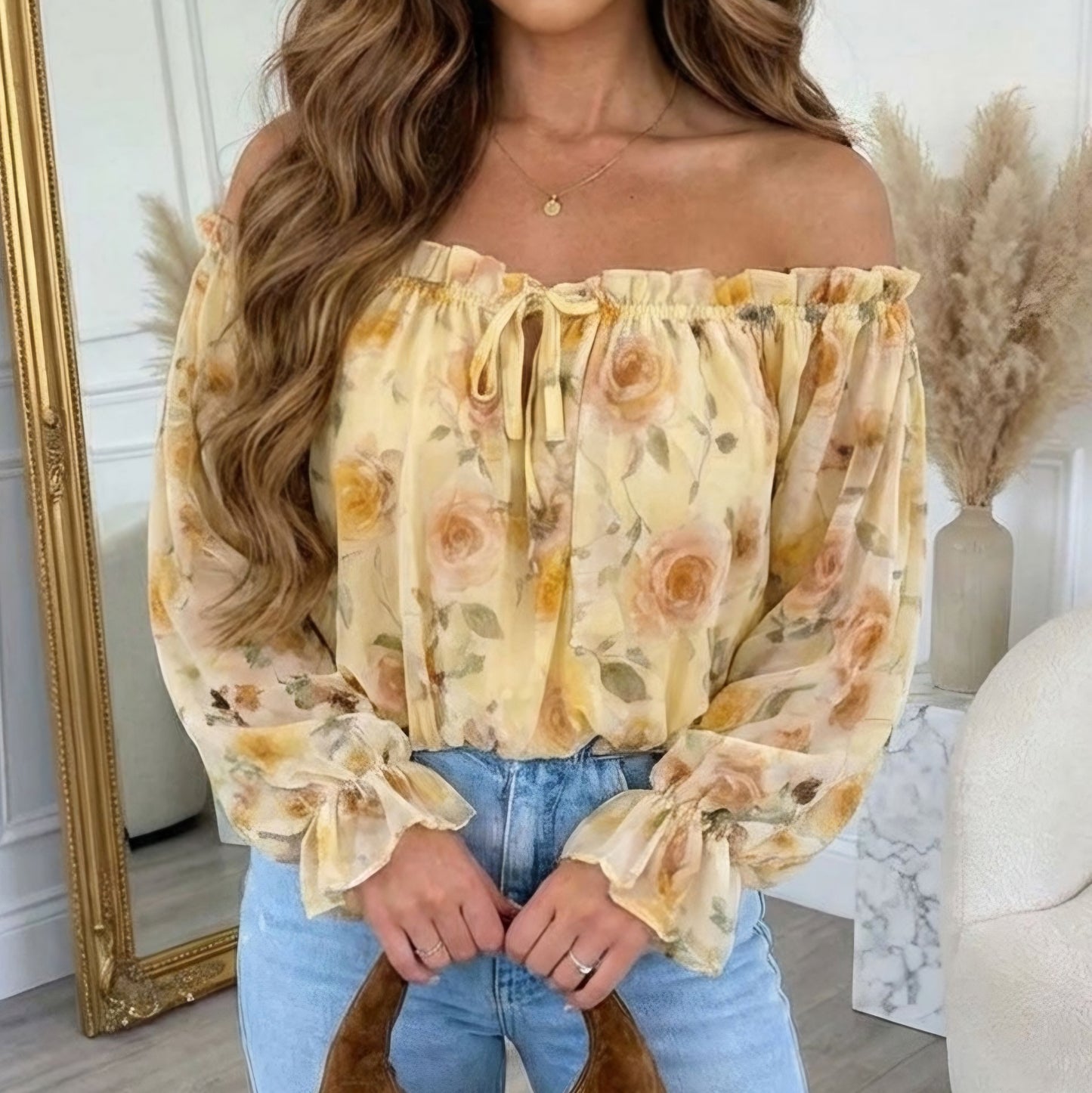 CLAIRE - Floral Bardot Off Shoulder Blouse Yellow