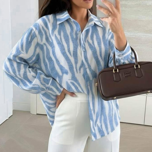 ELONA - Oversized Abstract Zebra Print Shirt Blue
