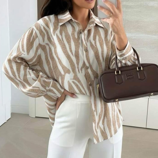 ELONA - Oversized Abstract Zebra Print Shirt Stone