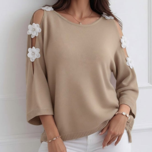 EMMA - Floral Applique Cold Shoulder Lightweight Knit Stone