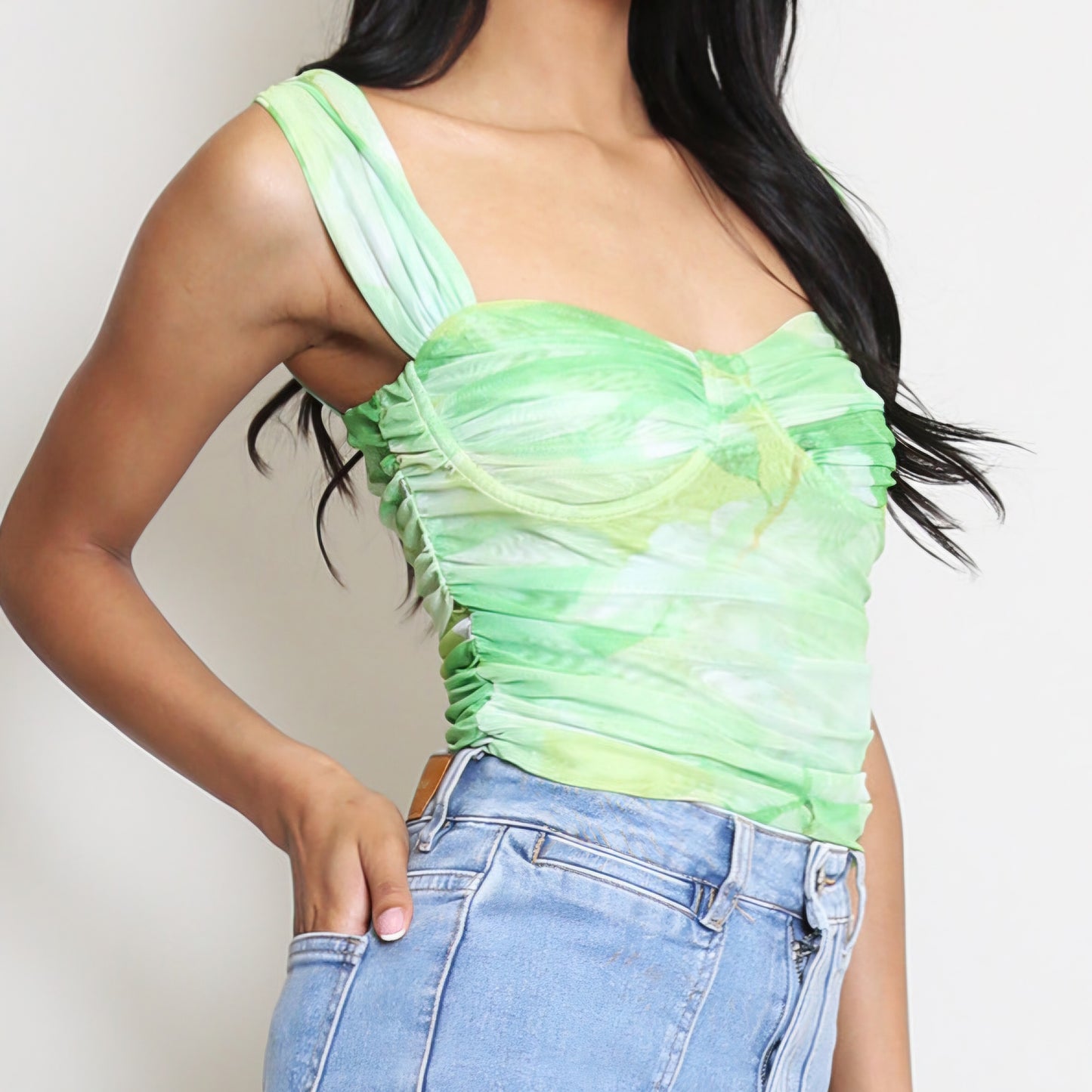 ELODIE - Ruched Tie Dye Mesh Top Green