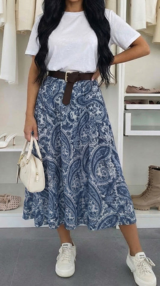 HARLENE - Paisley Elasticated Waist Midi Skirt Blue