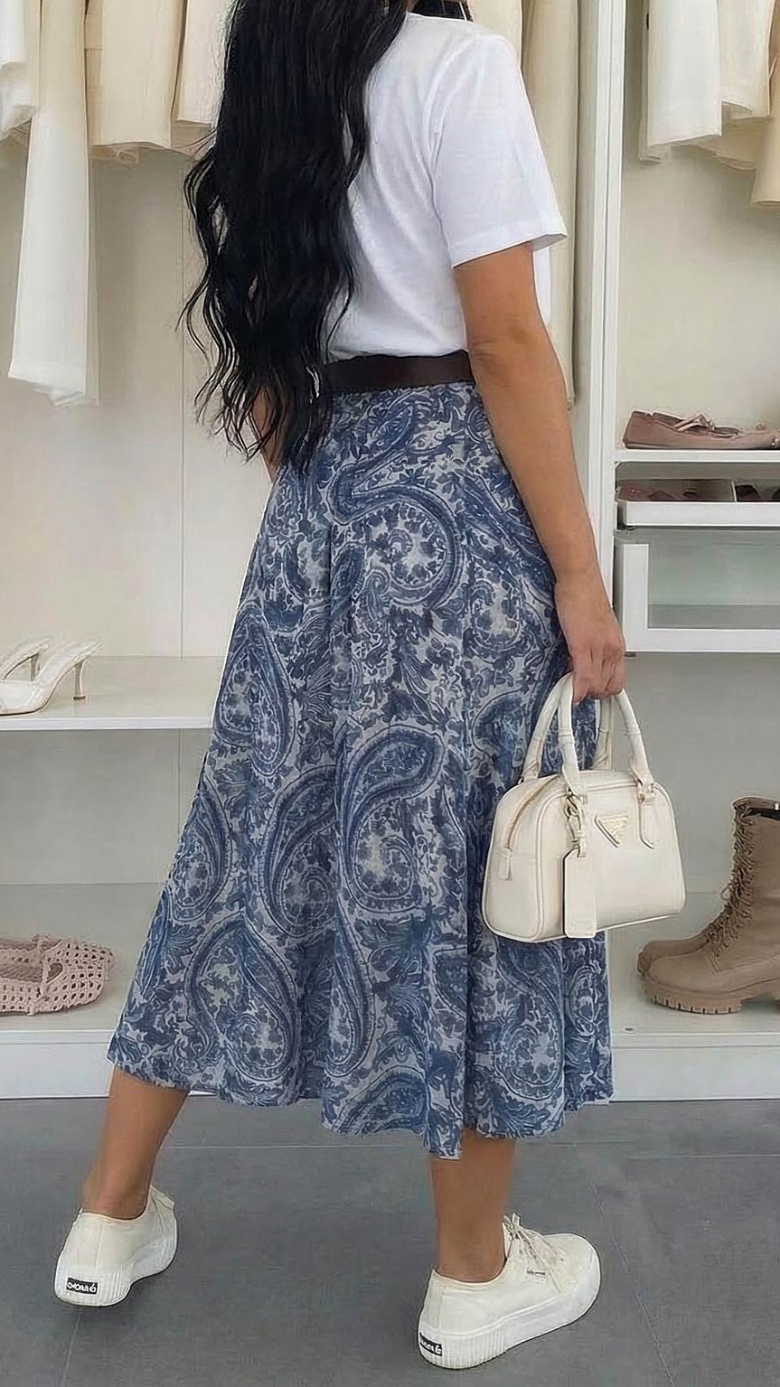 HARLENE - Paisley Elasticated Waist Midi Skirt Blue
