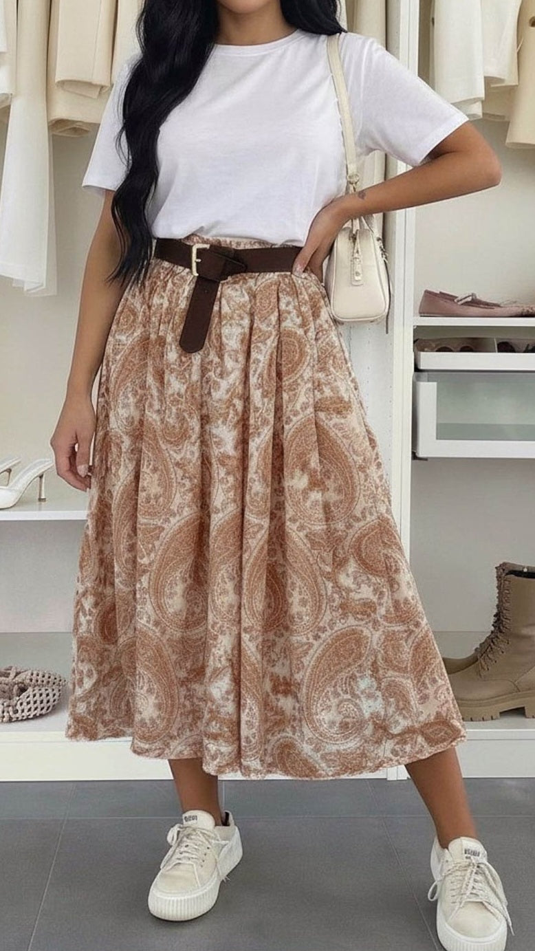HARLENE - Paisley Elasticated Waist Midi Skirt