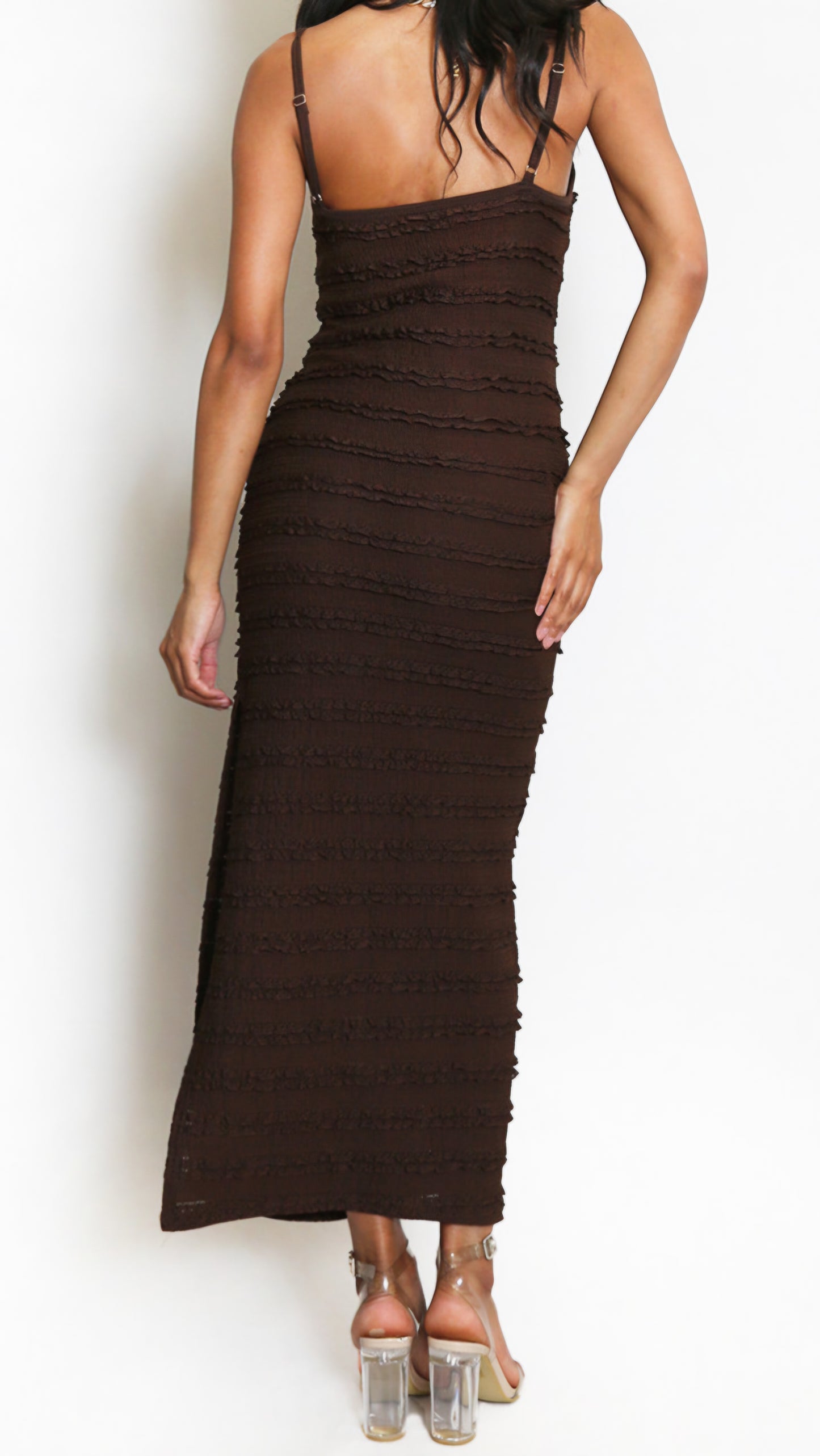 CLAUDIA - Strappy Cami Textured Dress Brown