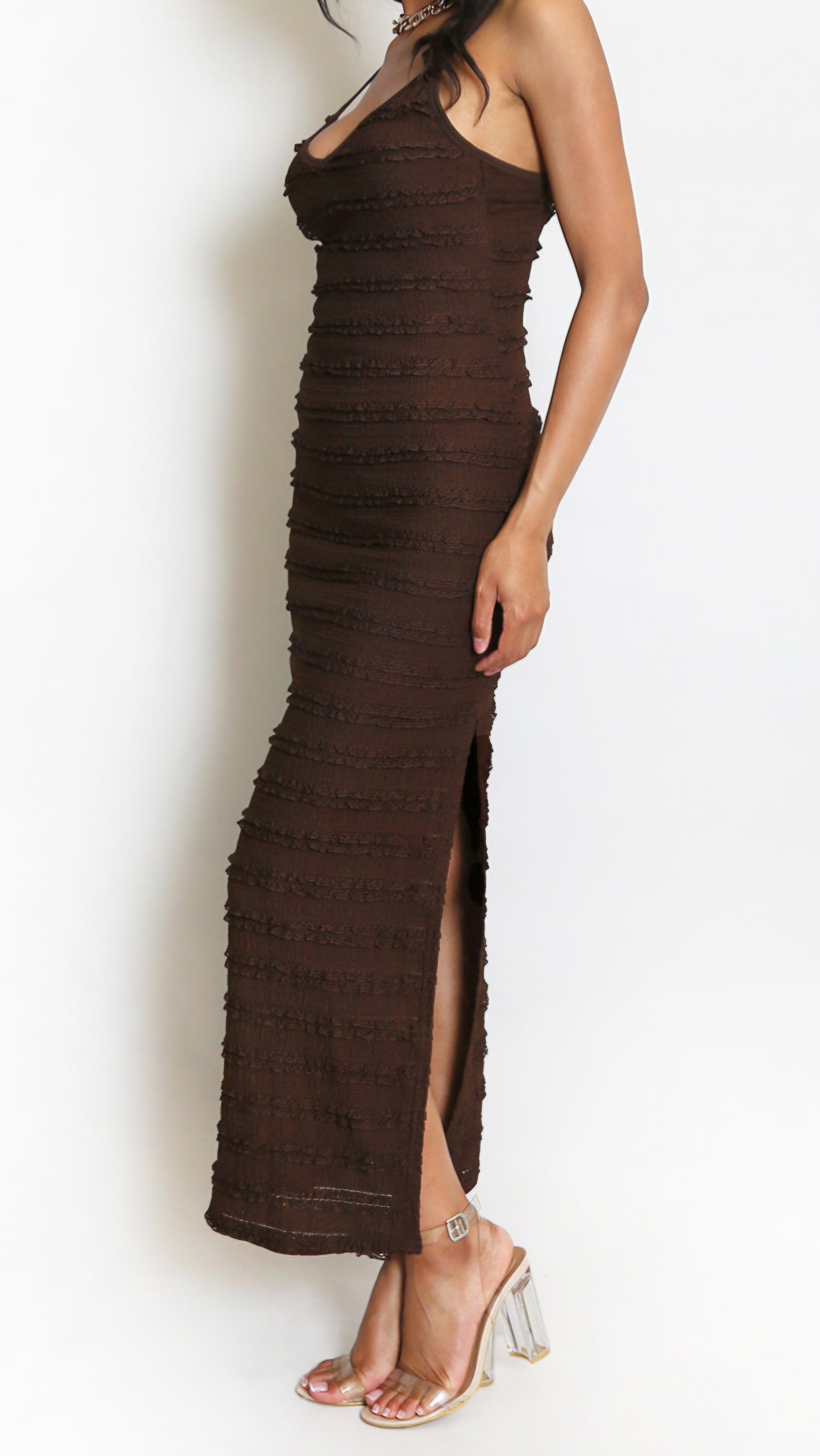 CLAUDIA - Strappy Cami Textured Dress Brown