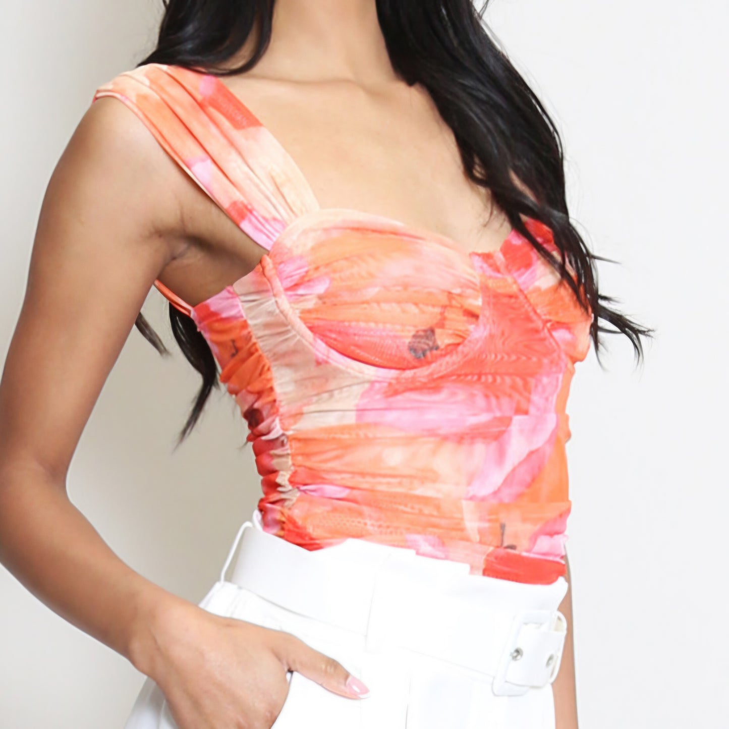 ELODIE - Ruched Tie Dye Mesh Top Orange