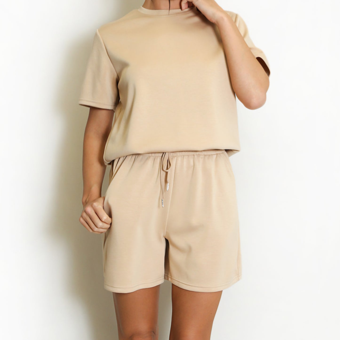 HOLLY - Basic Jersey Tee & Shorts Set Tan