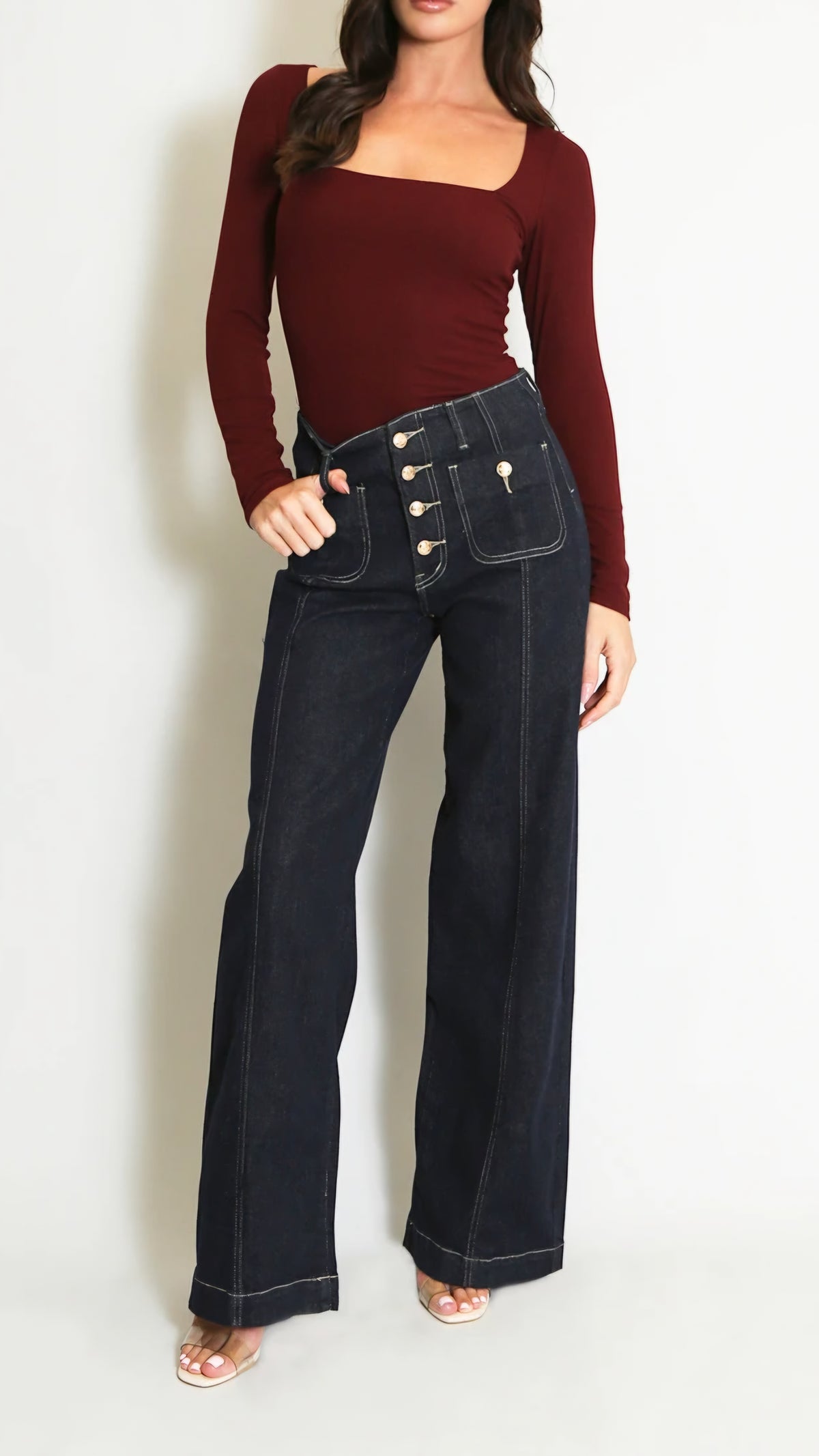 CHLOE - Square Neck Long Sleeve Top Burgundy