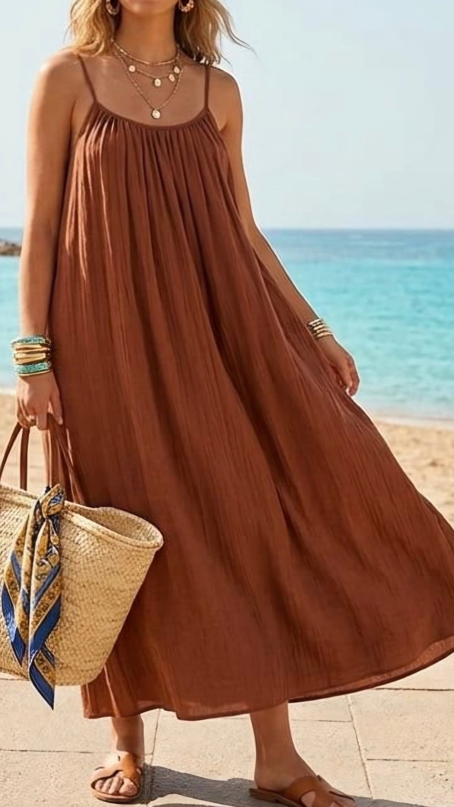 ARIANNA - 100% Cotton Cami Maxi Dress Rust