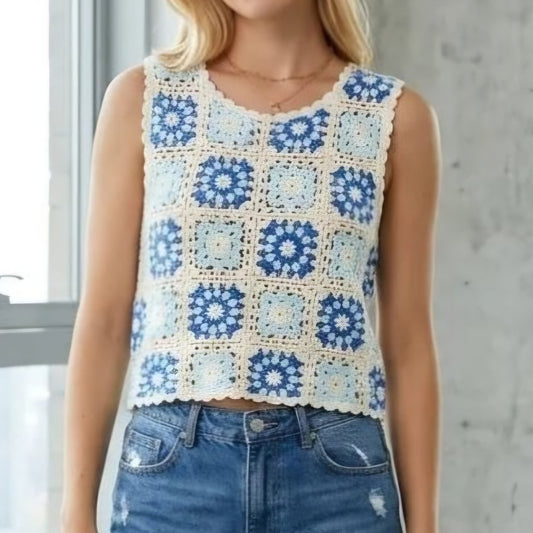 FLORI - Floral Blue Crochet Cotton Vest