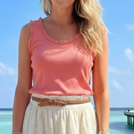 NEVE - Frill Hem Ribbed Vest Coral