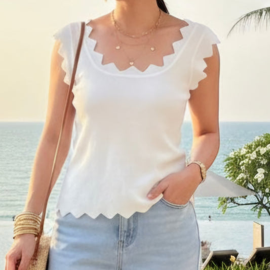 IRIS - Scallop Hem Knitted Vest White