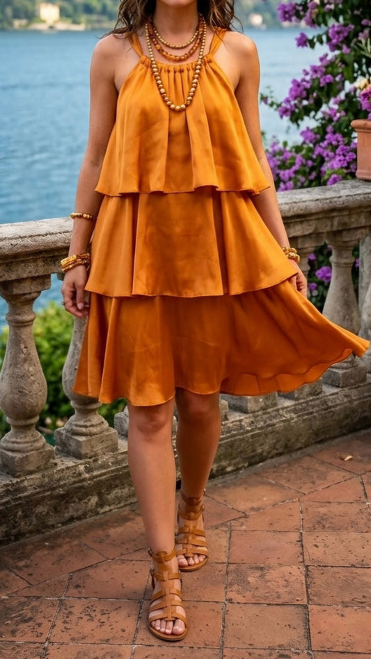 ANNALISE - Tiered Ruffle Halter Neck Dress Shimmer Sunset Orange