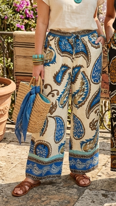 JANIE - Paisley Print Cotton Blend Trousers Blue