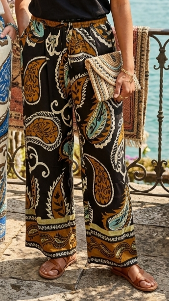 JANIE - Paisley Print Cotton Blend Trousers Black