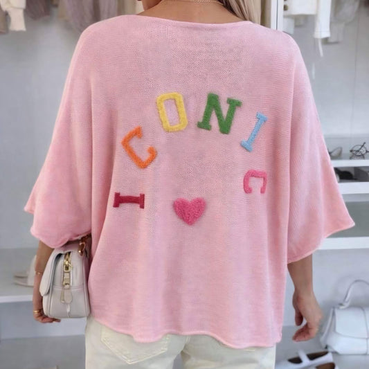 ICONIC - Applique V Neck Lightweight Knit Pink