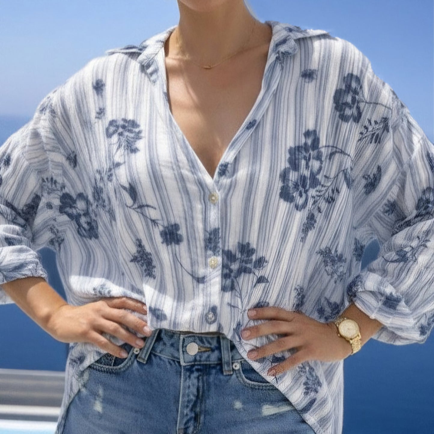 JACKIE - Floral Stripe Oversized Cotton Shirt