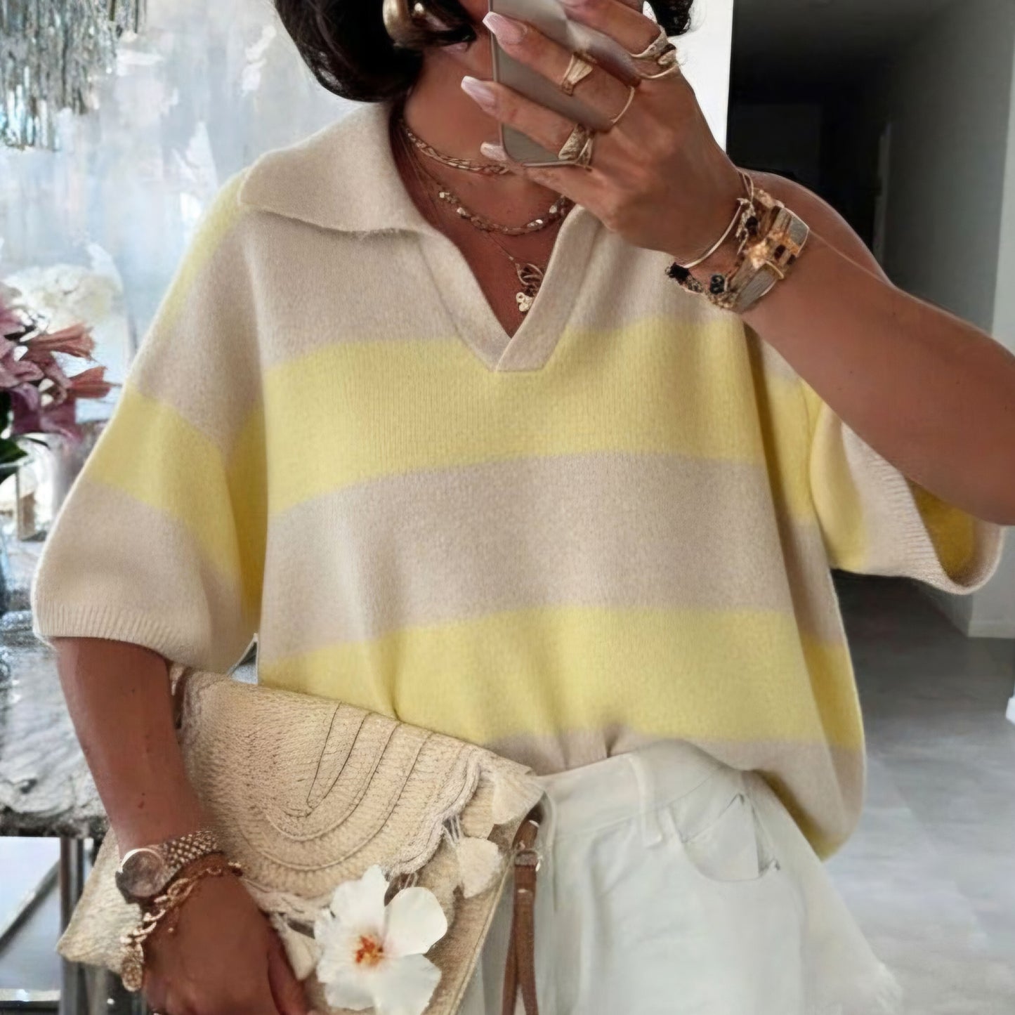 JEMMA - Striped Polo Collar Lightweight Knit Top Yellow