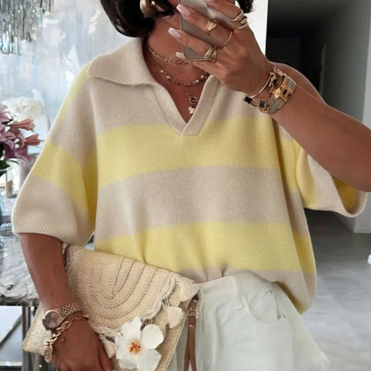 JEMMA - Striped Polo Collar Lightweight Knit Top Yellow