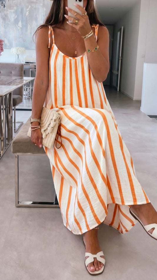 CARMELLA - Striped Pocket Tie Up Strap Maxi Dress Ivory