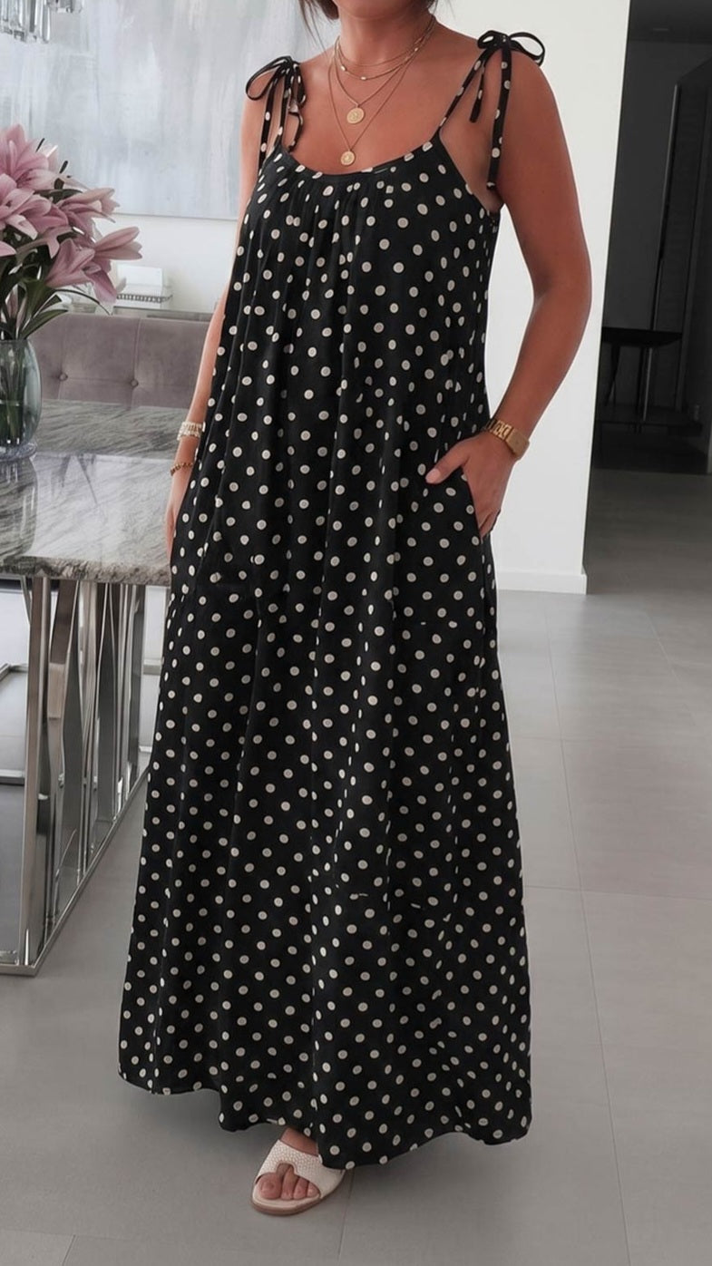 DOTTIE - Polka Dot Tie Strap Maxi Dress