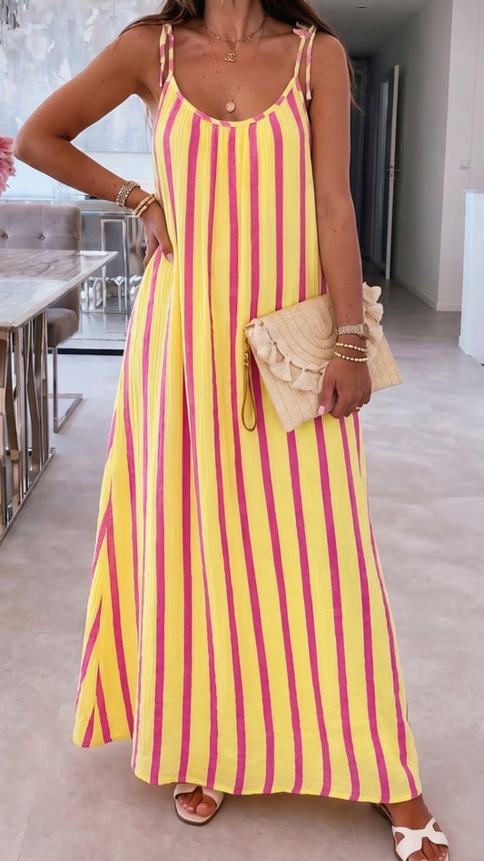 CARMELLA - Striped Pocket Tie Up Strap Maxi Dress