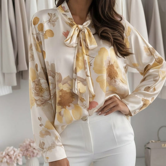 KAIRI - Satin Floral Batwing Tie Neck Blouse