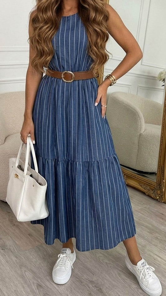 KATE - Striped Sleeveless Belted Cotton Midaxi Dress