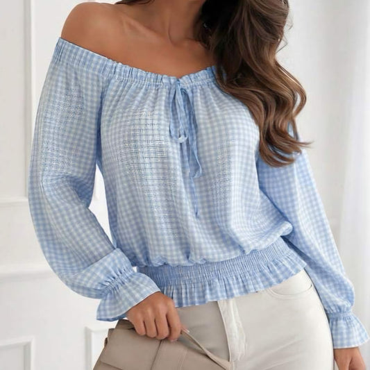 KATHANI - Gingham Bardot Frill Shirred Blouse