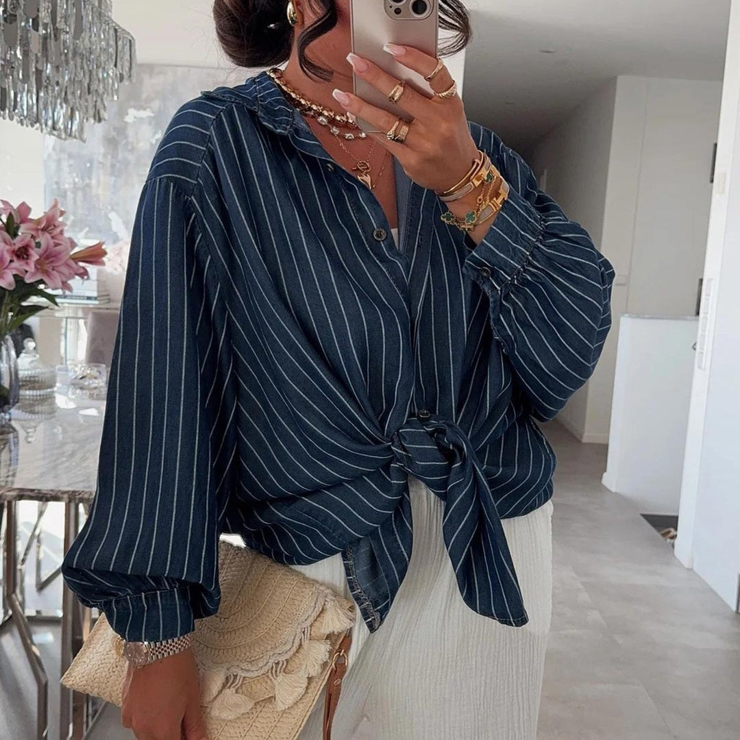 KAYLIE - Striped Collared Shirt Navy