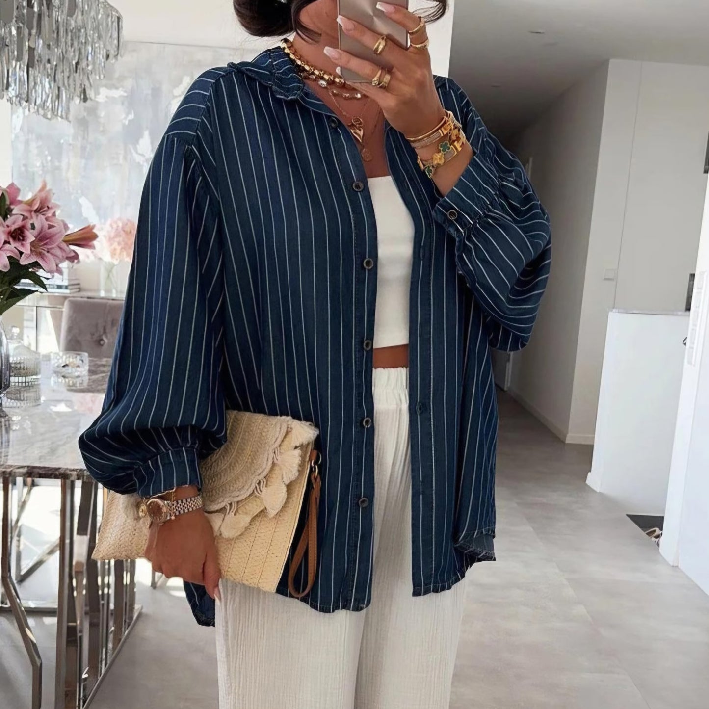 KAYLIE - Striped Collared Shirt Navy